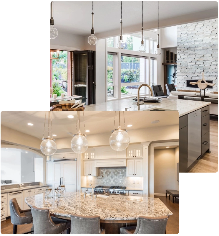 A kitchen with a large island and dining room table.