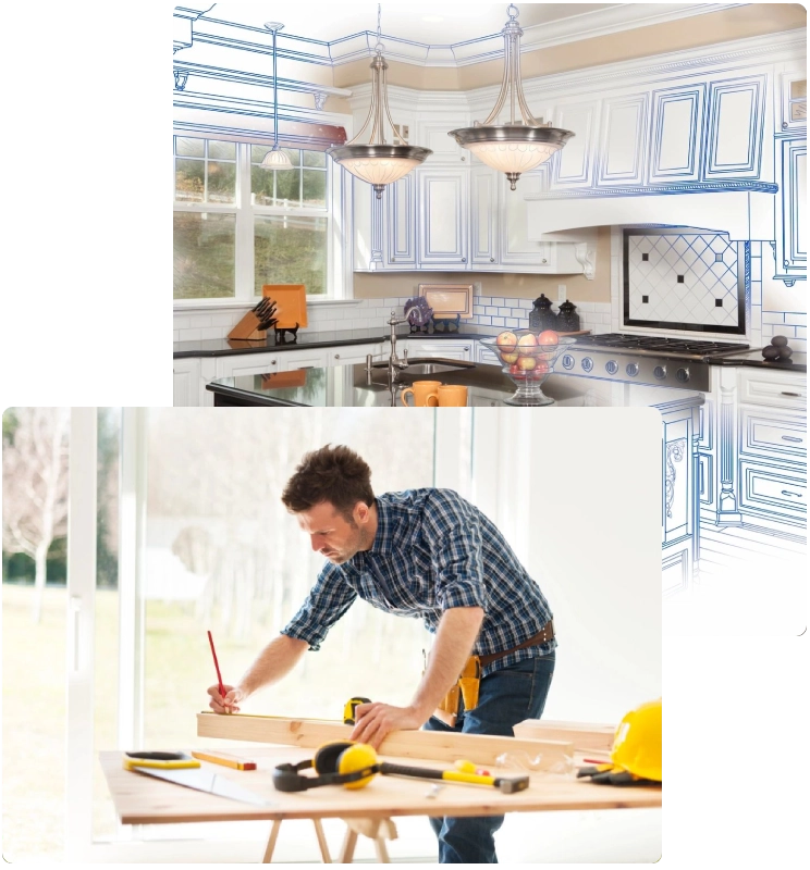 A man working in the kitchen and on top of a table.